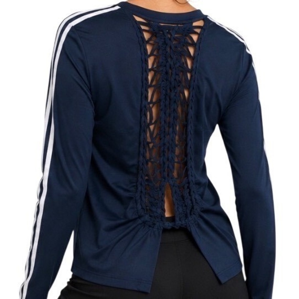 Adidas Women Black Custom Braided Ruched Back 3-Stripe Long Sleeve Top Small